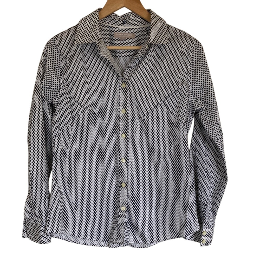 Banana Republic Womens No Iron Fitted Black White Button Front Shirt Size 10P
